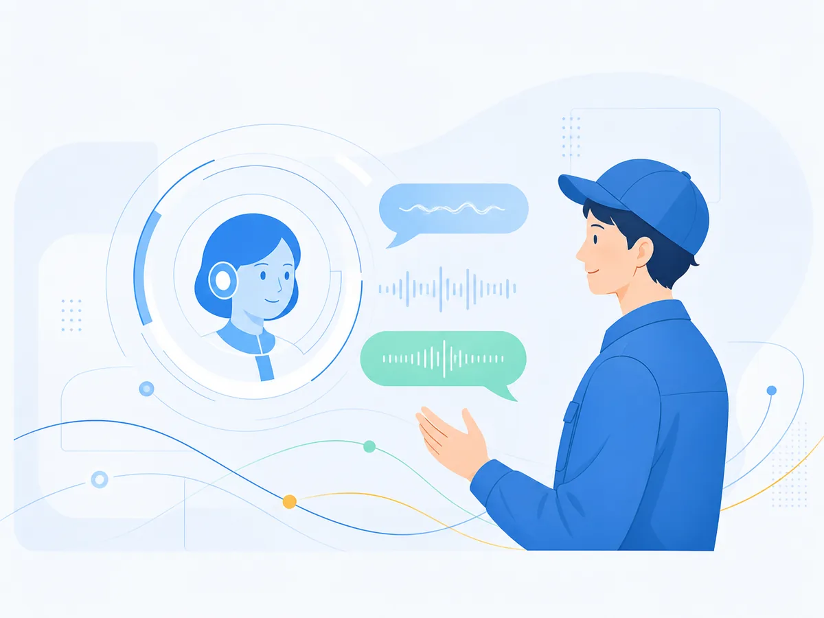 現場社員がAIインタビュアーと穏やかに会話するイラスト